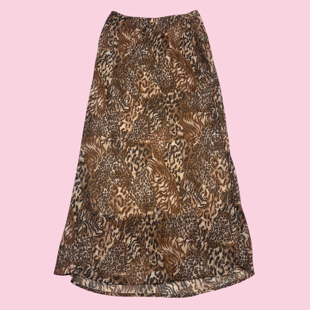 Vintage Mixed Animal Print Maxi Skirt XL Leopard Tiger Brown Sheer Lined USA